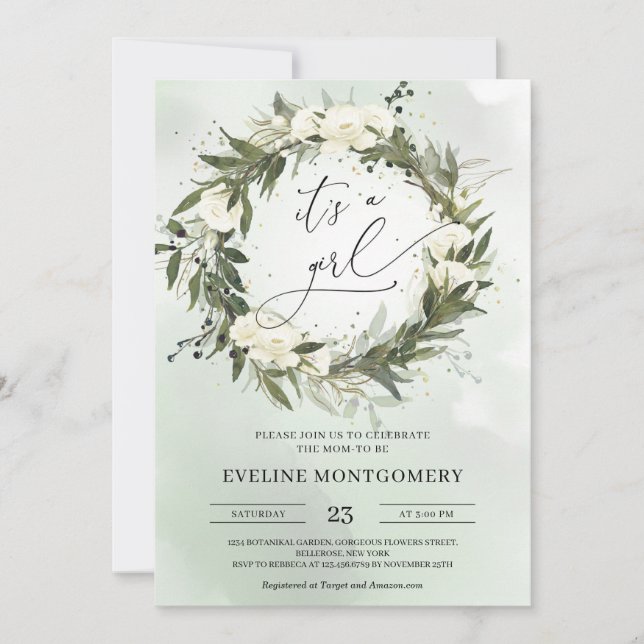 White Roses Greenery Wreath Olive It's a Girl Invitation (Front)