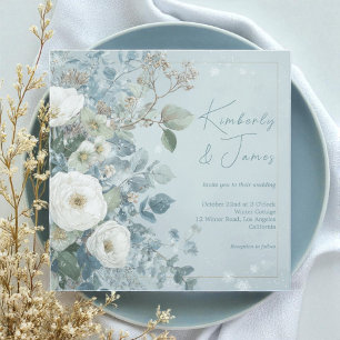 White Roses Hellebores Silver Eucalyptus Wedding Invitation