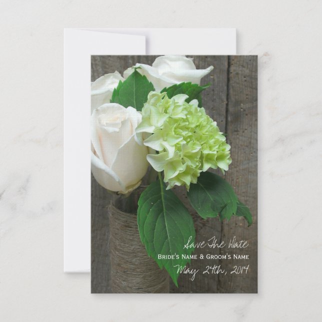 White Roses Hydrangea & Barnwood Save The Date (Front)