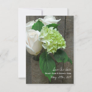 White Roses Hydrangea & Barnwood Save The Date