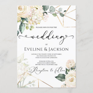 White roses hydrangeas greenery gold wedding invitation