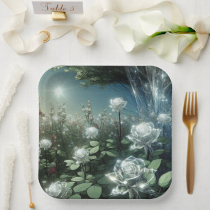 White Roses In Magical Garden Paper Plate