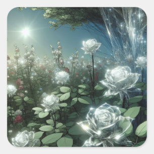 White Roses In Magical Garden Square Sticker