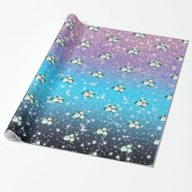 White Roses in Sparkling Ombre shower Wrapping Paper (Unrolled)