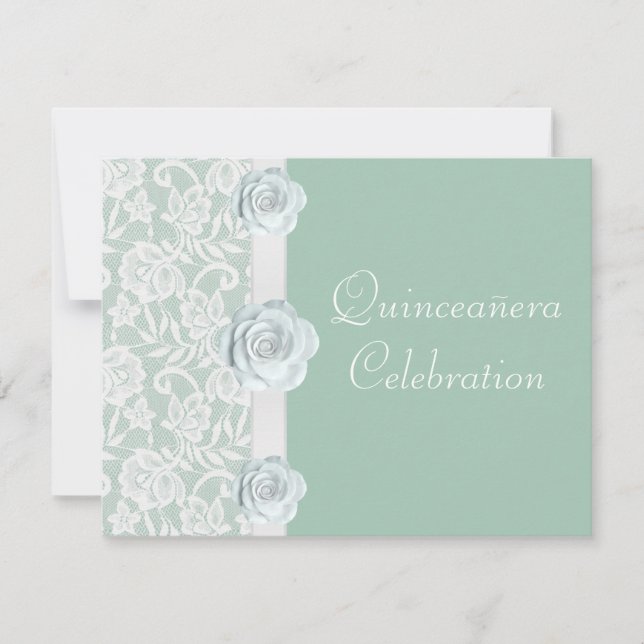 White Roses & Lace Mint Green Birthday Quinceanera Invitation (Front)