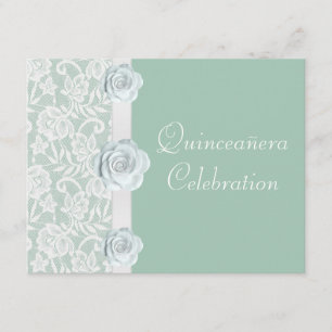 White Roses & Lace Mint Green Birthday Quinceanera Invitation