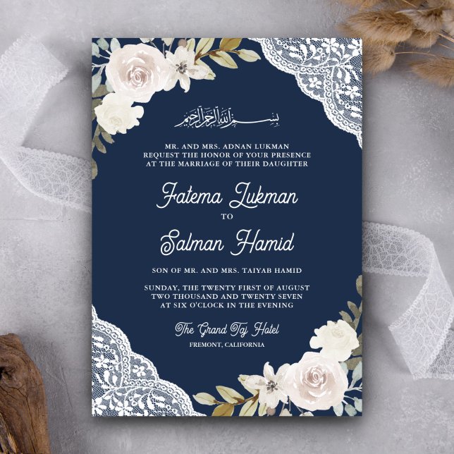 White Roses Lace Navy Blue QR Code Muslim Wedding Invitation (Creator Uploaded)