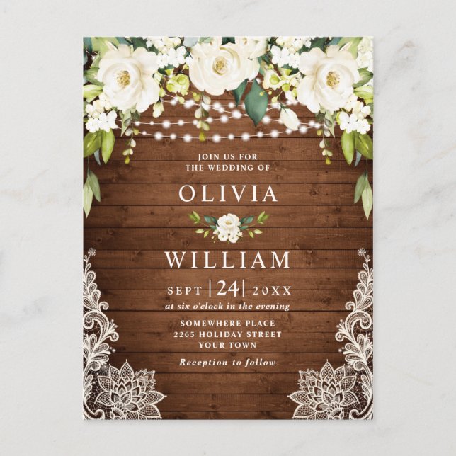 White Roses Lace Rustic Wedding Invitation Card (Front)