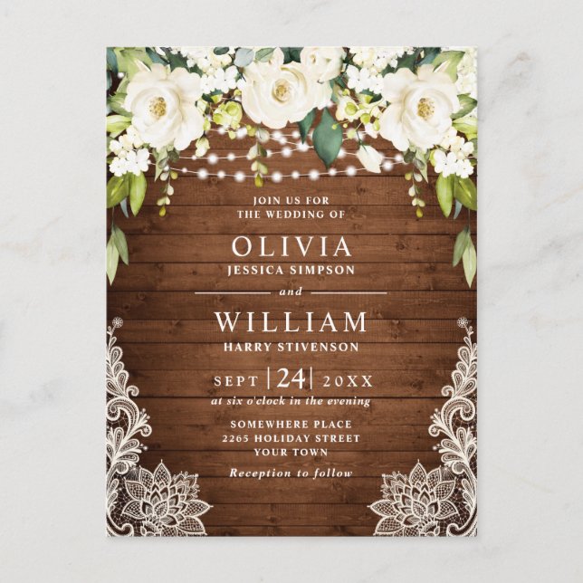White Roses Lace Rustic Wedding Invitation Card (Front)