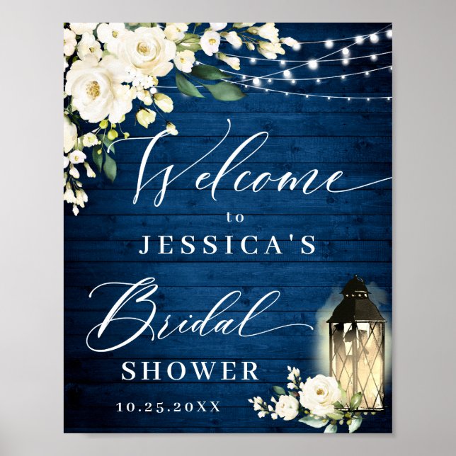 White Roses Lantern Blue Wood Bridal Shower Poster (Front)