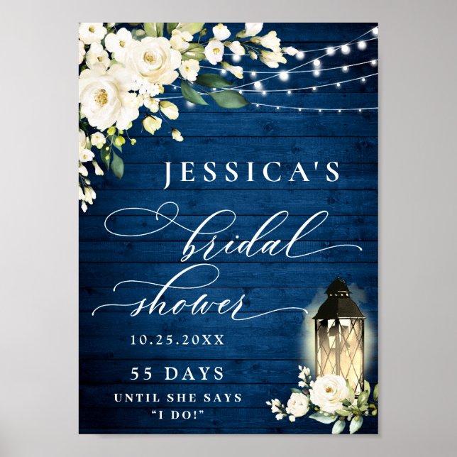 White Roses Lantern Blue Wood Bridal Shower Poster (Front)