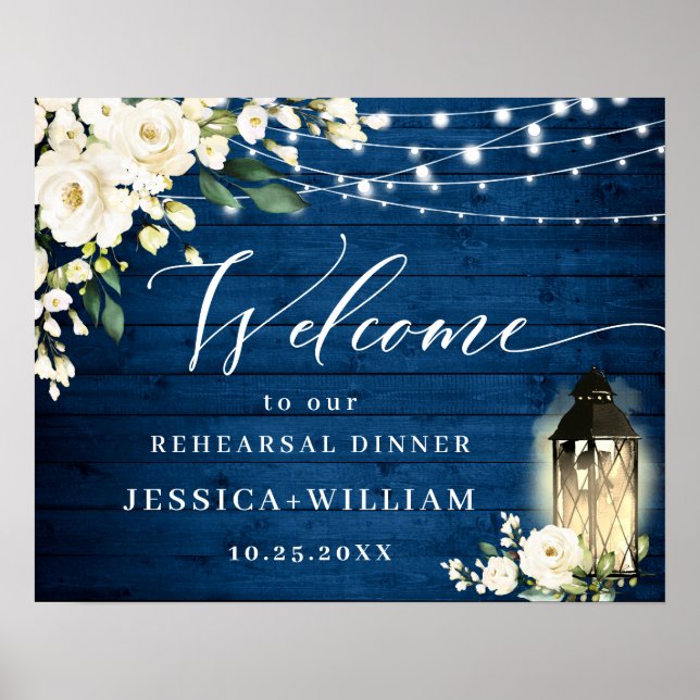White Roses Lantern Blue Wood Rehearsal Dinner Poster (Front)