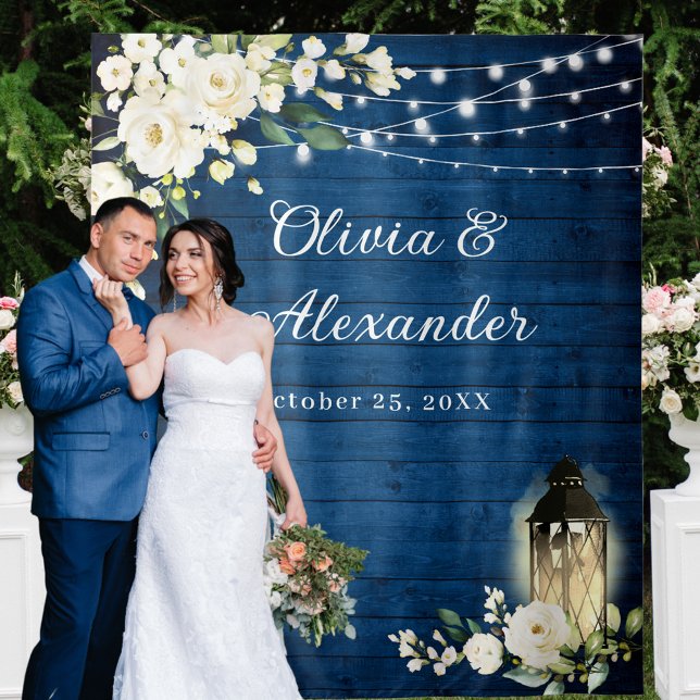 White Roses Lantern Blue Wood Wedding Backdrop Tapestry (Creator Uploaded)