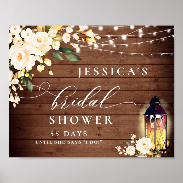 White Roses Lantern Brown Wood Bridal Shower Poster (Front)