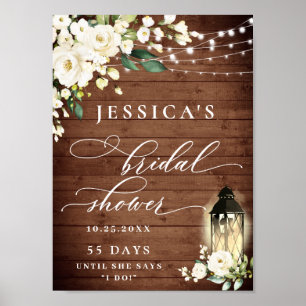 White Roses Lantern Rustic Wood Bridal Shower Poster
