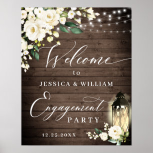White Roses Lantern Rustic Wood Engagement Party Poster