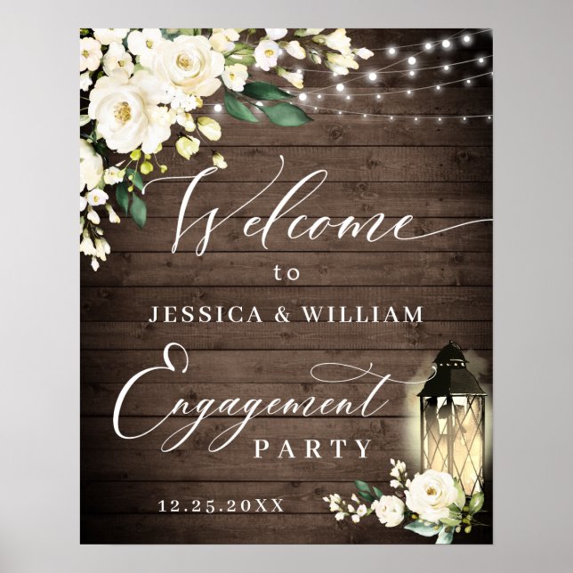 White Roses Lantern Rustic Wood Engagement Party Poster (Front)