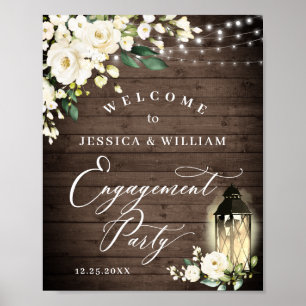 White Roses Lantern Rustic Wood Engagement Party Poster