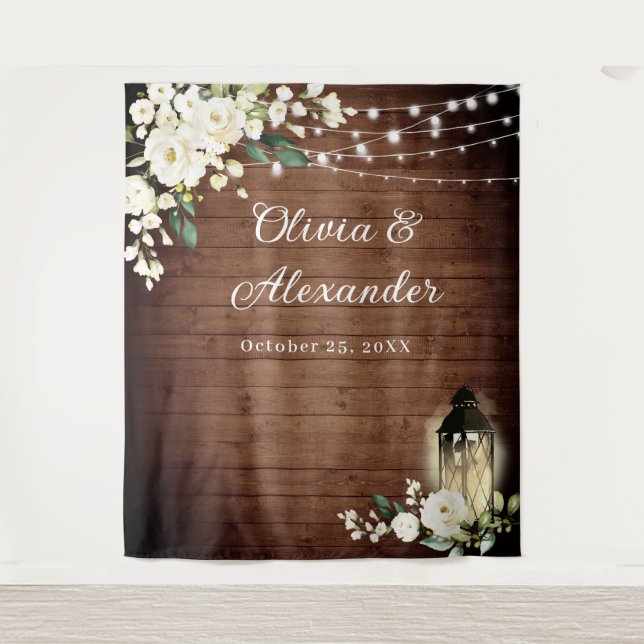 White Roses Lantern Rustic Wood Wedding Backdrop Tapestry (Front)