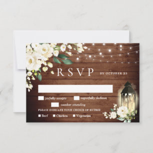 White Roses Lantern Rustic Wood Wedding RSVP Card
