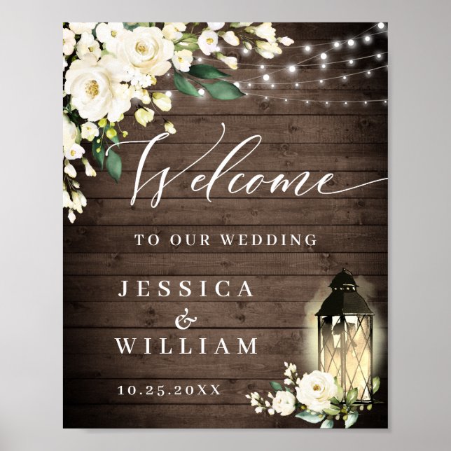 White Roses Lantern Rustic Wood Welcome Wedding Poster (Front)