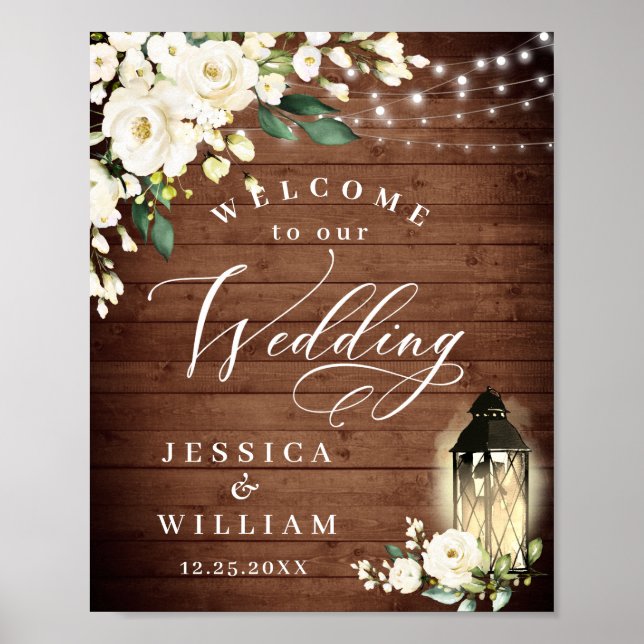 White Roses Lantern Rustic Wood Welcome Wedding Poster (Front)