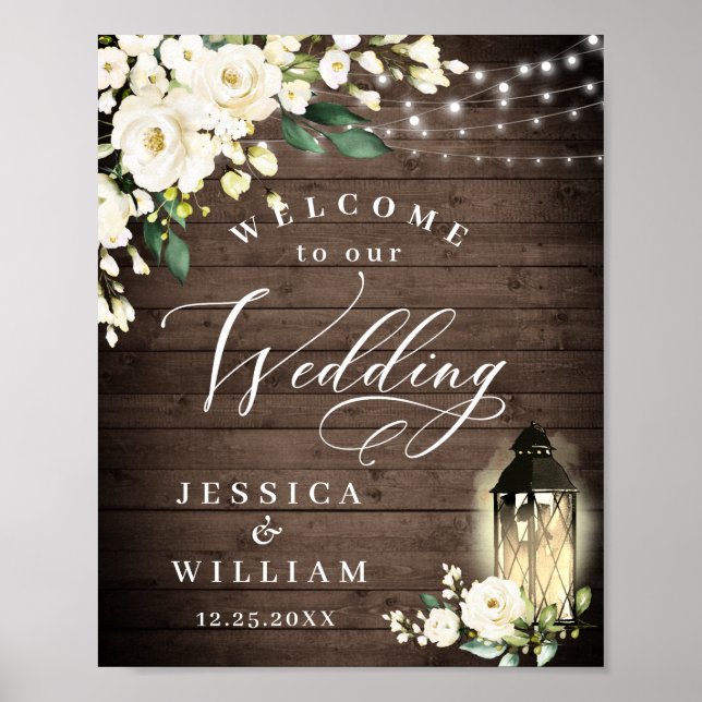 White Roses Lantern Rustic Wood Welcome Wedding Poster (Front)