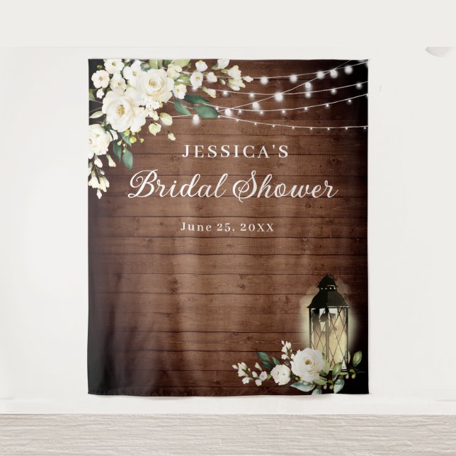 White Roses Lantern Wood Bridal Shower Backdrop Tapestry (Front)