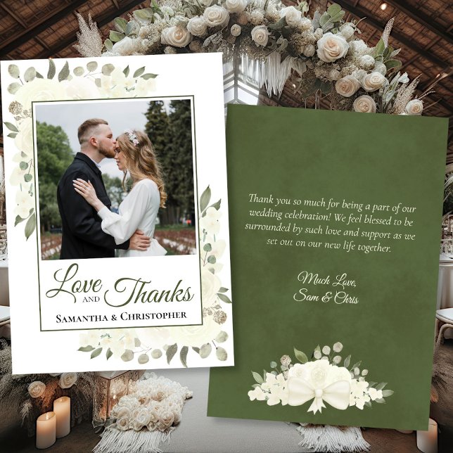 White Roses Love & Thanks Wedding Photo & Note Thank You Card (Front/Back)