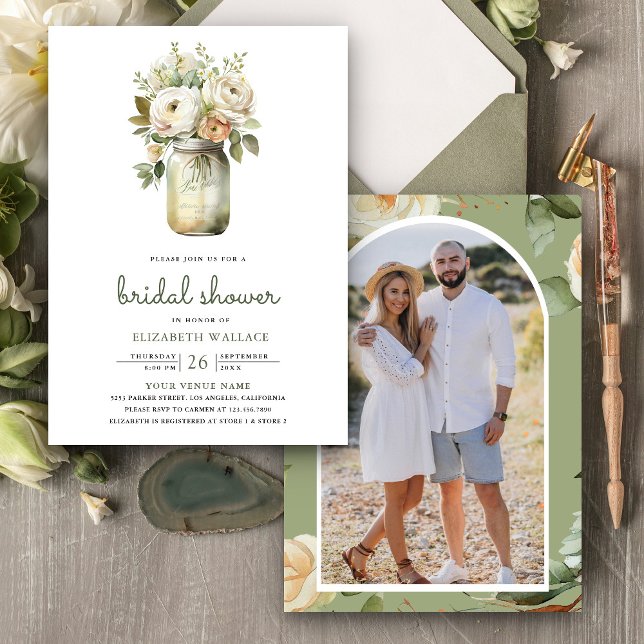 White Roses  Mason Jar Photo Bridal Shower Invitation (Creator Uploaded)