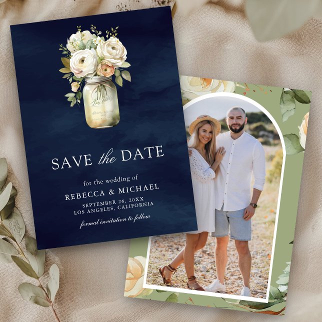 White Roses Mason Jar Photo Navy Blue Wedding Save The Date (Creator Uploaded)