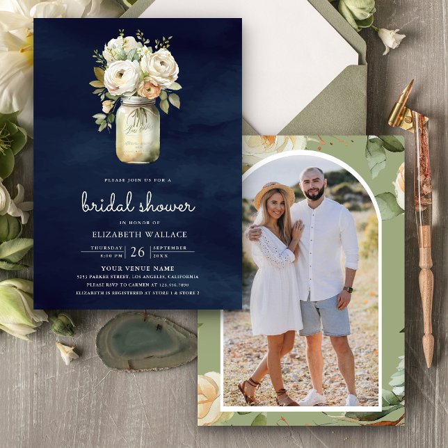 White Roses  Mason Jar Photo Navy Bridal Shower Invitation (Creator Uploaded)