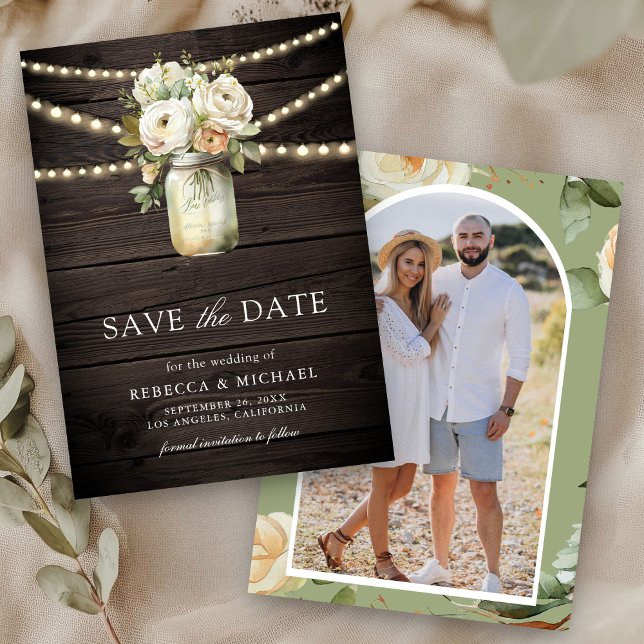 White Roses Mason Jar Photo Wood Wedding Save The Date (Creator Uploaded)