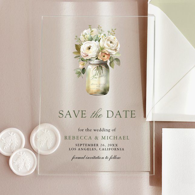 White Roses Mason Jar Wedding Save the Date Acrylic Invitations (Creator Uploaded)