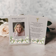White roses memorial photo taupe prayer card