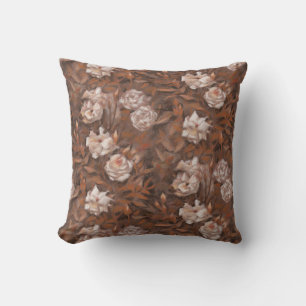 White roses, nostalgic floral pattern earth colour cushion