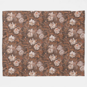 White roses, nostalgic floral pattern earth colour fleece blanket