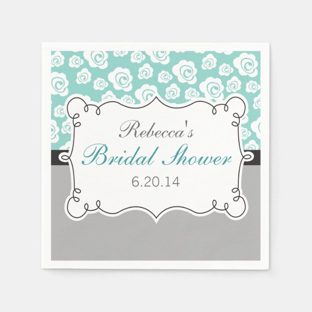 White Roses on Aqua & Grey Bridal Shower Napkin (Front)