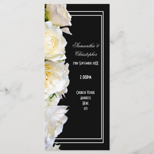 White roses on black church wedding program (Front)