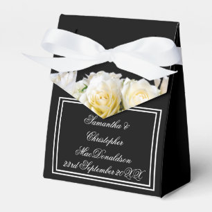 White roses on black floral wedding favour box