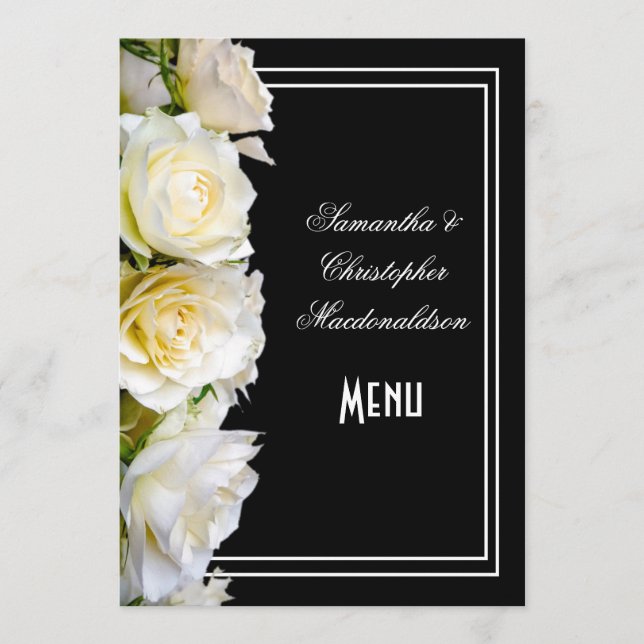 White roses on black floral wedding menu (Front)