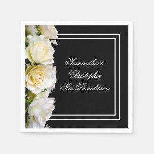 White roses on black floral wedding napkin
