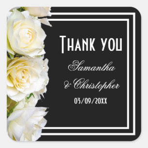 White roses on black floral wedding thank you square sticker