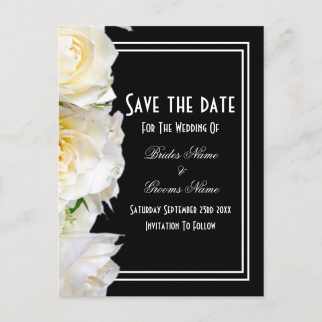 White roses on black wedding save the date announcement postcard (Front)