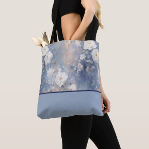 White Roses on Blue Background, Colour Block Tote Bag