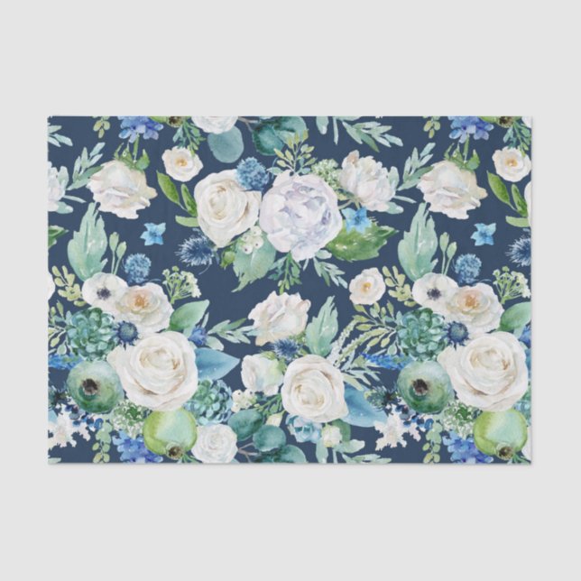  White Roses on blue Background Decoupage Tissue Paper (Front)