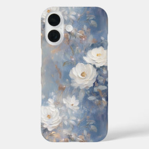 White Roses on Blue Background Oil Paint Style iPhone 16 Case