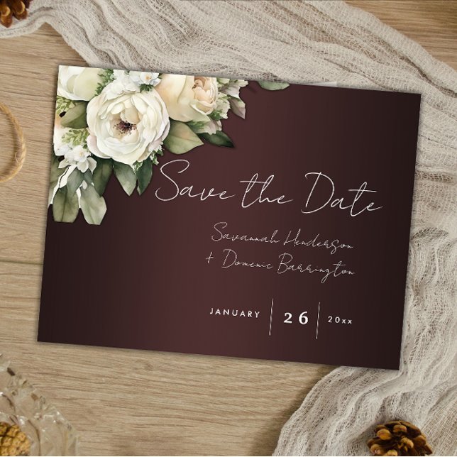 White Roses on Burgundy Boho Wedding Save the Date Announcement Postcard (Creator Uploaded)