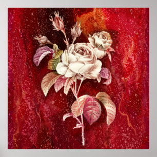 White Roses on Deep Red Textured Backdrop Poster