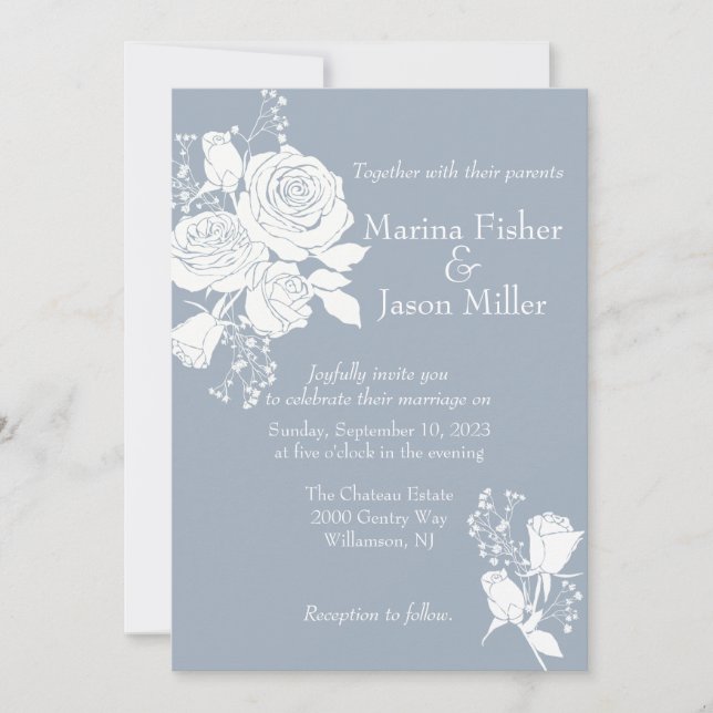 White Roses on Dusty Blue Wedding Invitation (Front)